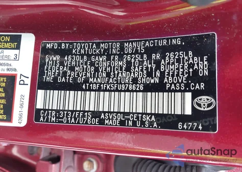 2015 Toyota Camry Se z USA, uszkodzony, nr VIN 4T1BF1FK5FU978626